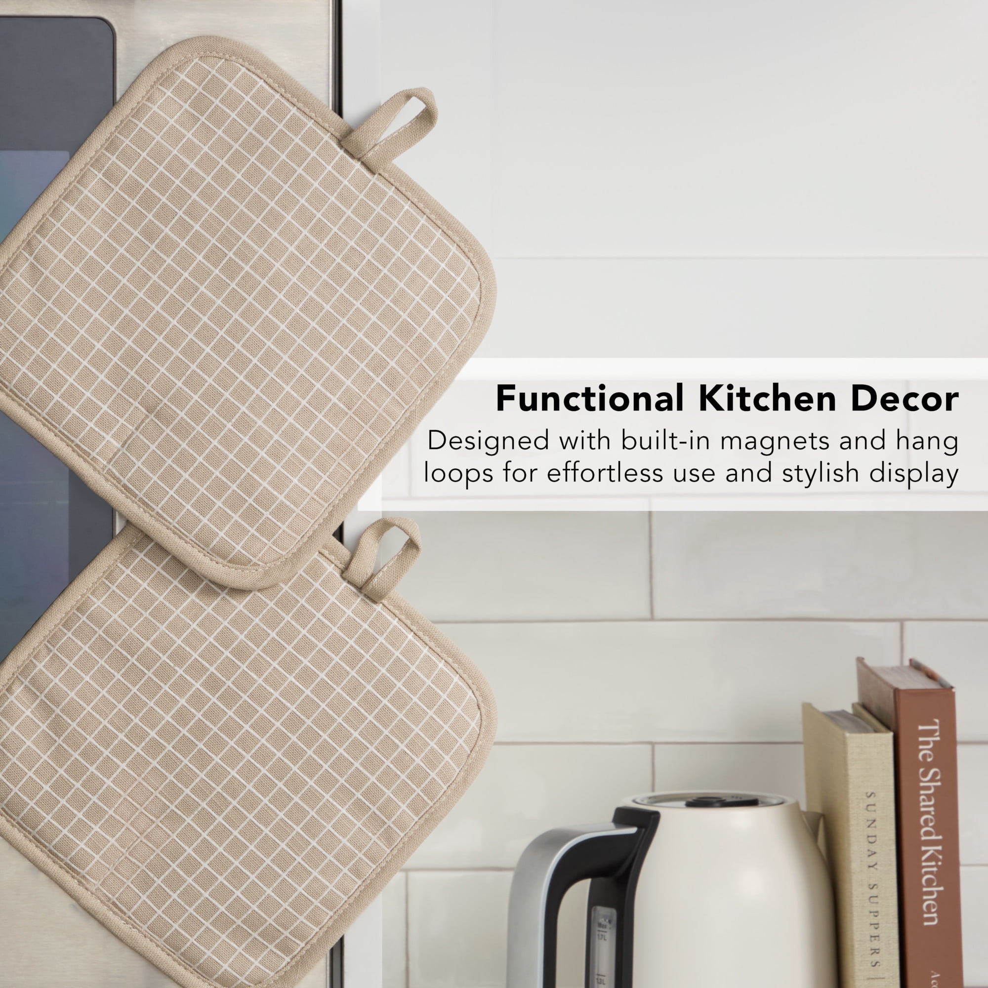 KITCHENAID Gourmet Series Gridlines Pot Holders 2-Pack Set, Heat Resistant up to 600°F, Soft Silicone Grip, Magnetic Cuff, Milkshake Tan, 8"x8"