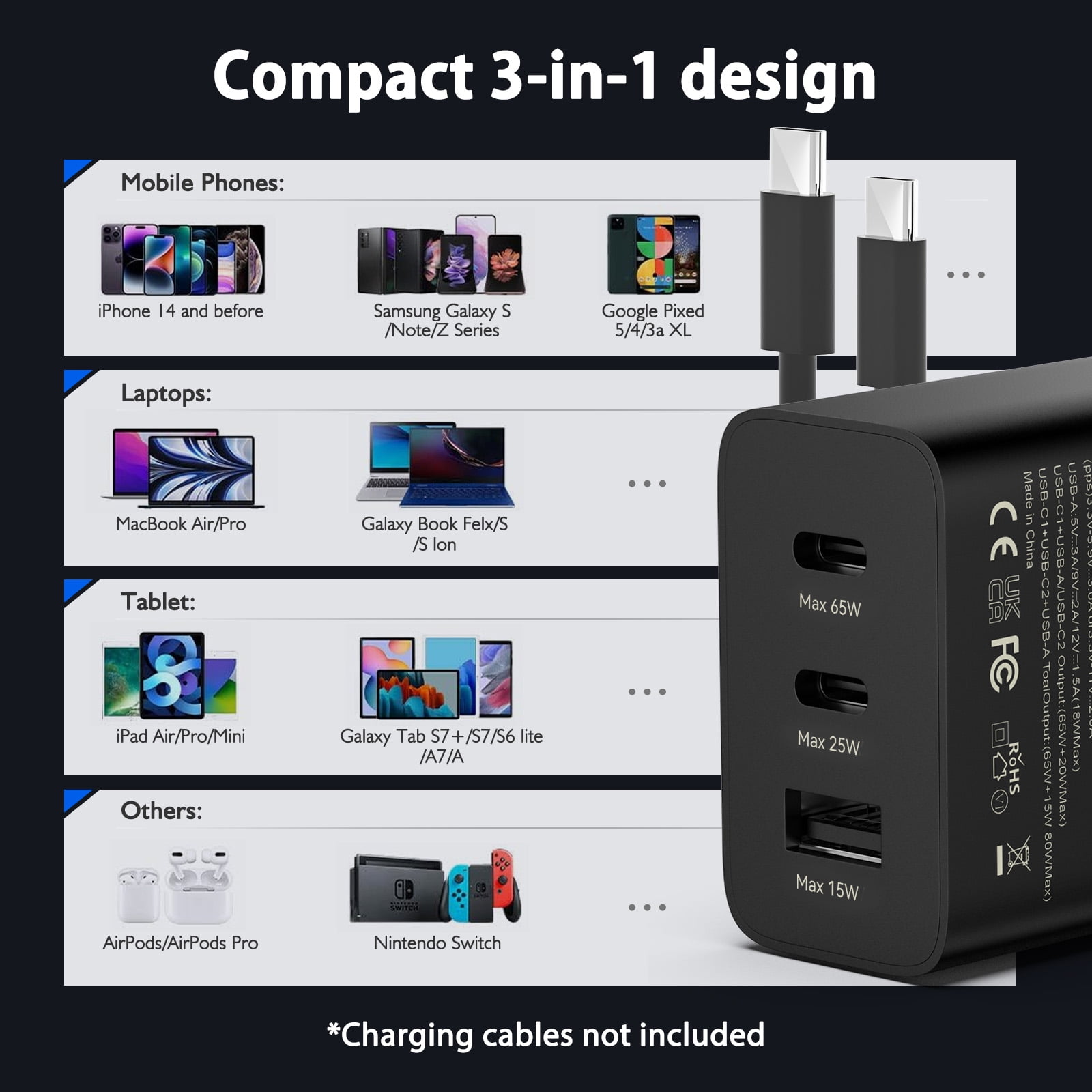 Samsung 3-Port 65W Trio Adapter, GaN PD 3.0 USB Adapter Super Fast Charging Wall Charger for Samsung Galaxy S23 Series with 5.9ft C to C Cord, Black