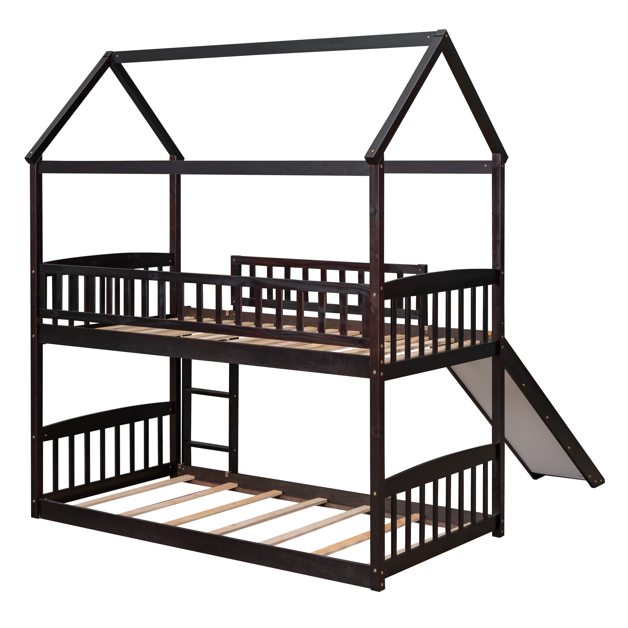 DEALTOPS Twin over Twin Bunk Bed with Slide and Ladder, Wooden Bed Frame for Kids, Teens, Espresso