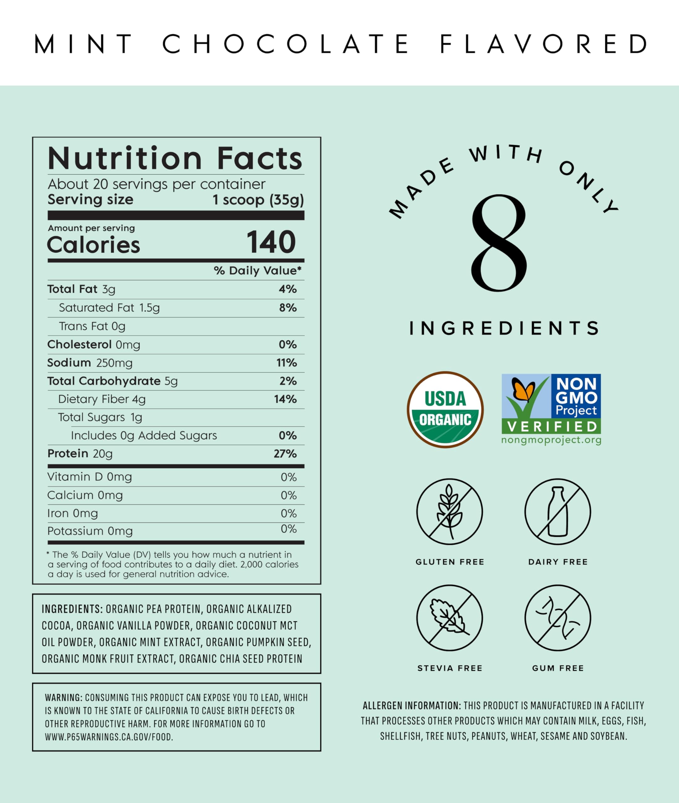 Truvani Vegan Pea Protein Powder | Mint Chocolate | 20g Organic Plant Based Protein | 20 Servings | Keto | Gluten & Dairy Free | Low Carb | No Added Sugar
