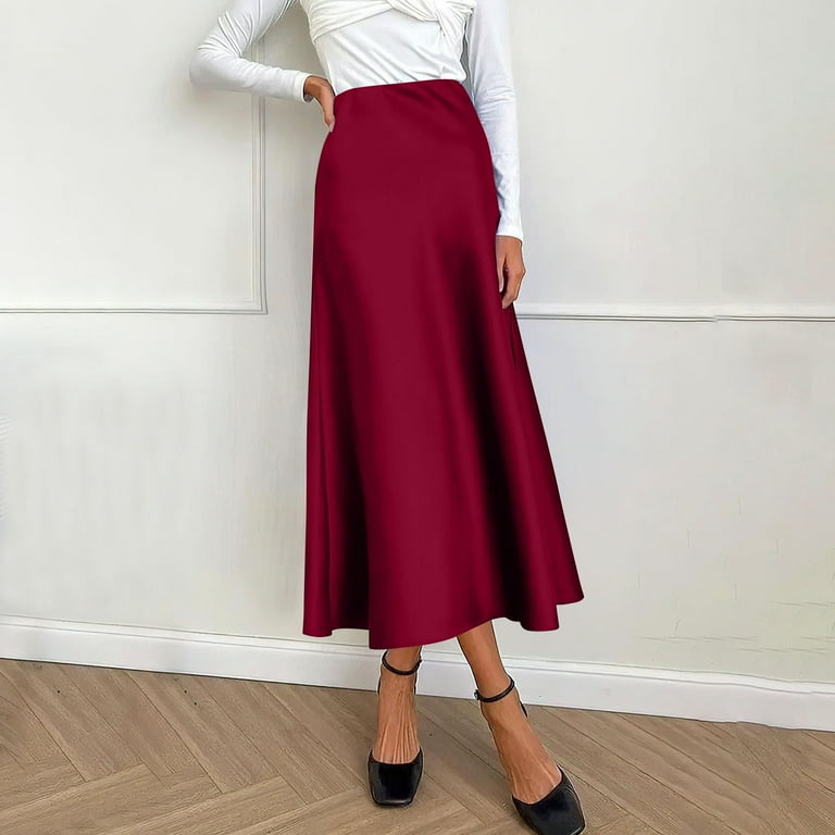 Taymeis Women s Red Midi Skirt Satin High Waist Dress Elegant Cocktail Party Wedding Flared A Line Skirts for Women Skirts for Women Midi Length Wine