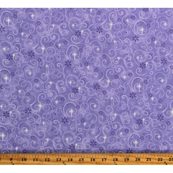 Cotton Magical Swirls Stars Floral Swirled Sparkles Glitter Girls Princess Purple Cotton Fabric Print by the Yard (2938R-2F-purple)
