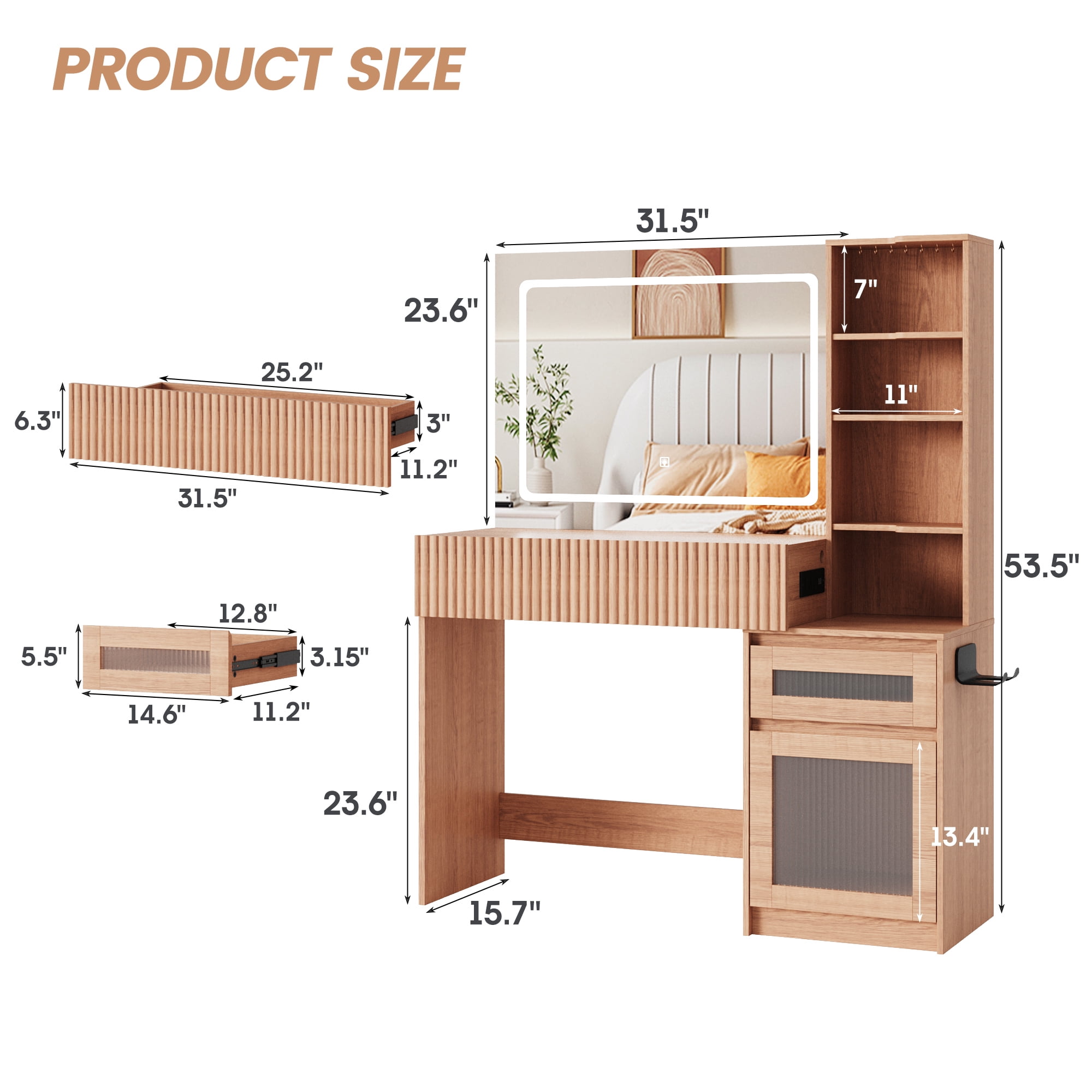Vanity Desk with Mirror and Lights, Makeup Table with USB Charging Station, 2 Drawers and Storage Shelves, Brown