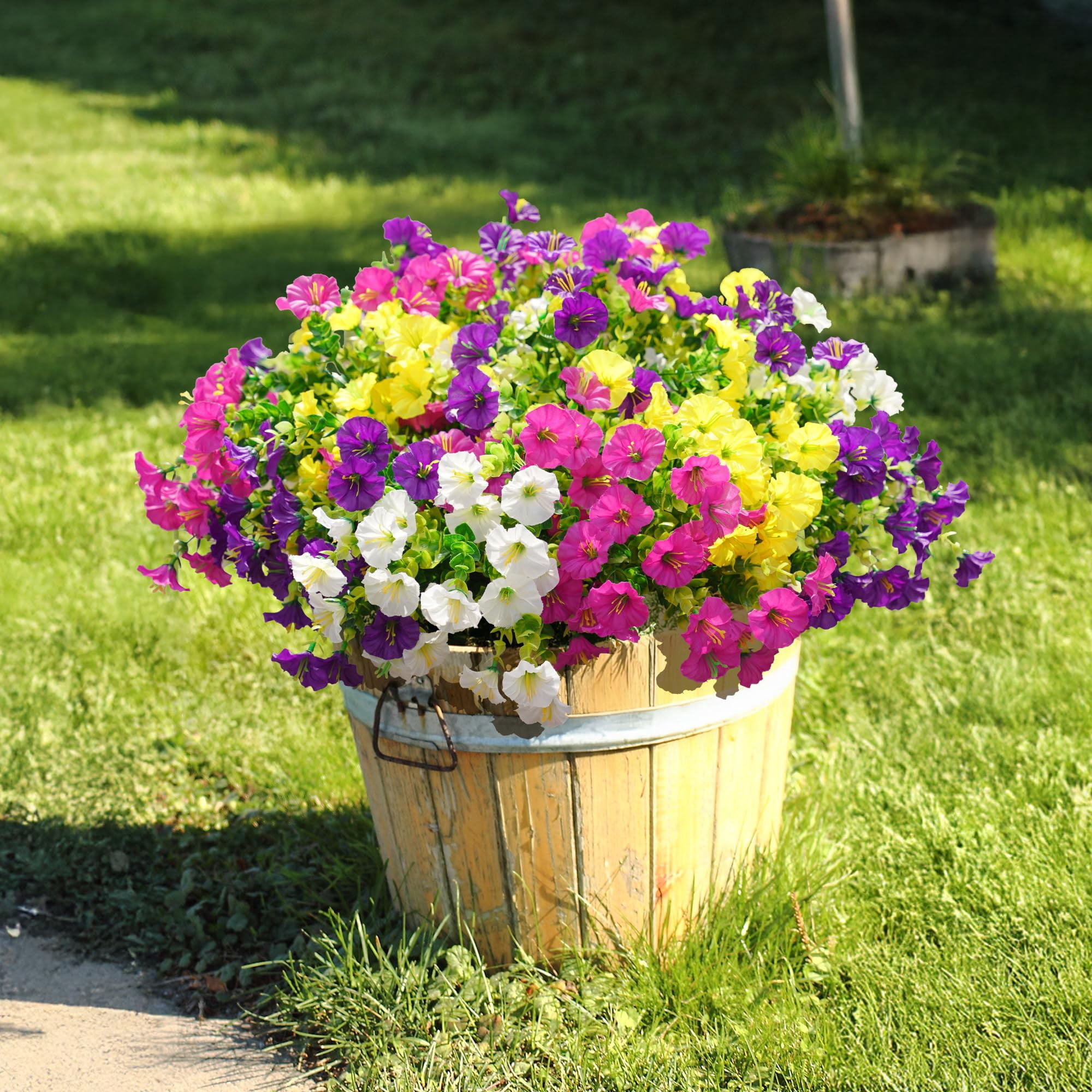 Artificial Outdoor Flowers Fake Plants for Spring Summer Decoration,12 Bundles Silk Morning Glory Eucalyptus