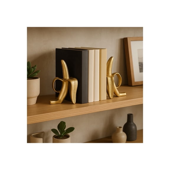 Decorative Banana Book Ends for Home Decor - Sculptural Book Accessories for Office Spaces, Desk Decor and Home Library - Modern Bookends for Bookshelf or Bedroom Accent - Set of 2, 9", Gold