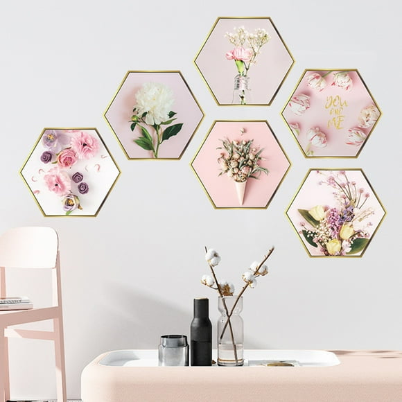 Boovnll Wall Decor, Pinks Flowers Hexagonal Picture Frame Bedroom Porch Wall Beautification Decorative Wall Stickers, Home Decor, Wall Art, Wall Art for Living Room
