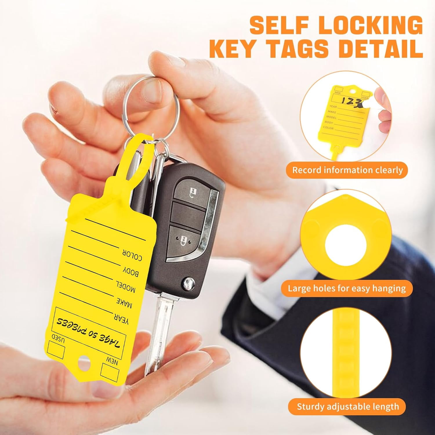 200 Pcs Yellow Self Locking Car Key Tags - Dealership Plastic Labels, Waterproof Identifiers for Key Box, Office, Shop, Car Supplies