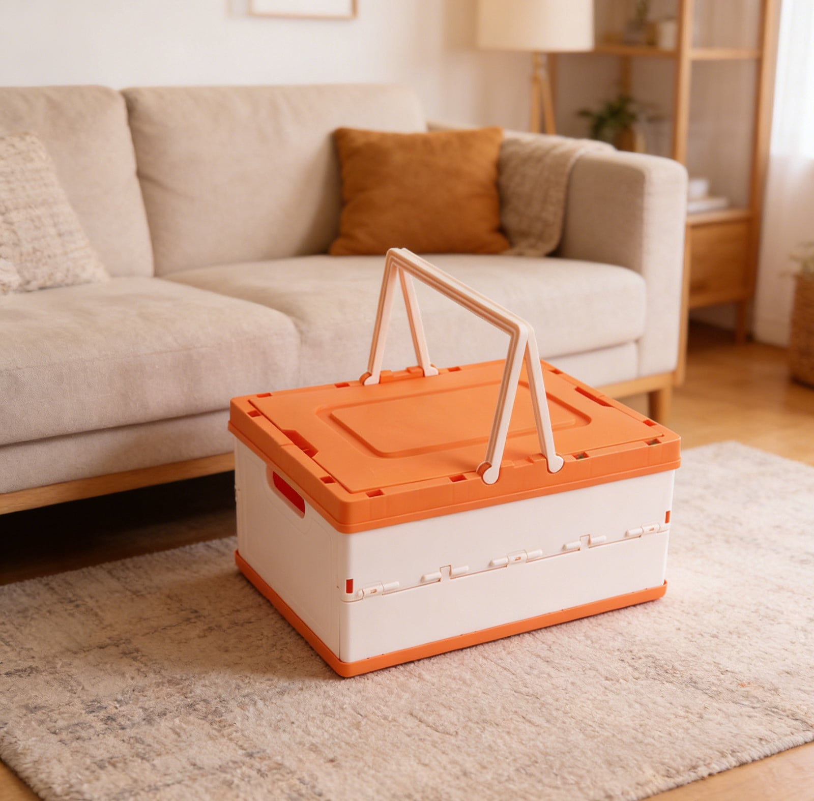 Gosuguu Foldable Storage Box with Lid & Handle | Multi-Functional Organizer for Camping & Home | 14.37x10.43x7.28in Plastic Basket in Orange, Yellow, Pink, Red, Black, Green
