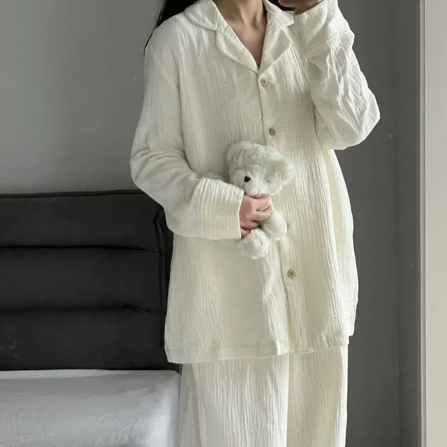 Korean Sleepwear Women Pajama Sets Solid Color Piiama Ruffles Pants Sets for Women 2 Pieces Autumn Night Wears Button Home Suit