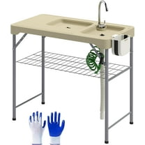 ZOPan Folding Fish Cleaning Table with Sinks, Portable Camping Sink Table with Faucet, Drainage Hose, Sprayer, Shelf, Drawer and Storage Basket, Outdoor Fillet Table for Picnic Beach Patio, Tan