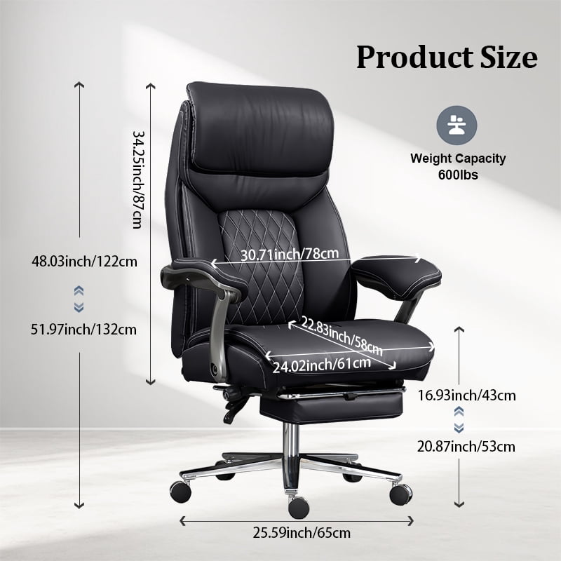 XUEGW Wide Seat Big and Tall Executive Office Chair, 600 lbs Heavy-Duty Ergonomic Desk Chair with Lumbar Support & Headrest, Luxury Leather Chair with Leg Rest, Black