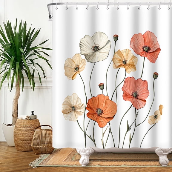 MIZHONA Orange Floral Shower Curtain Spring Flowers Fabric Bathroom Curtain 72x72 in