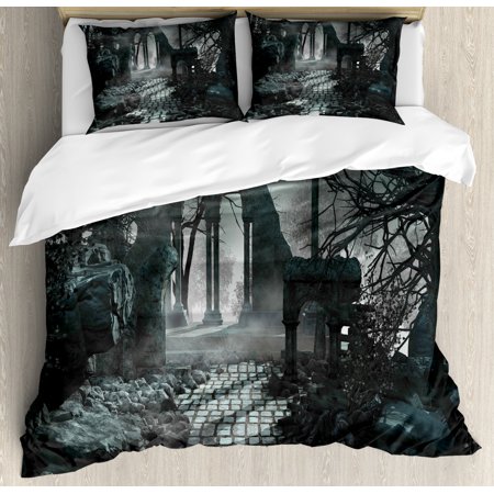 Gothic Duvet Cover Set Full Moon Over Medieval Temple Ruins At
