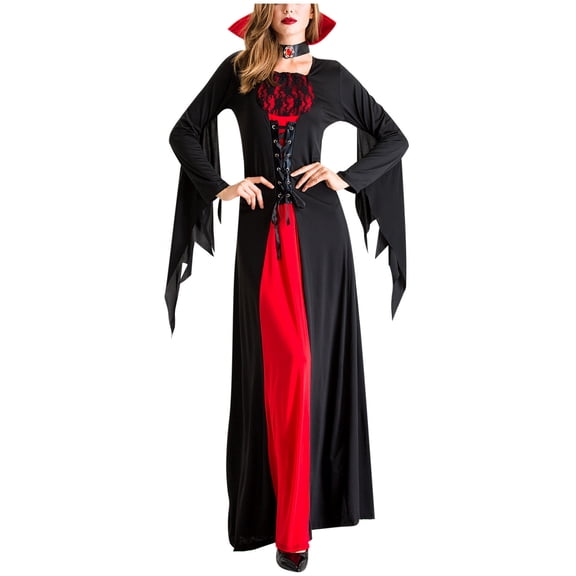 SAWOBUUN Womens Halloween Adult Medieval Hooded Maxi Dress Vampiress Gothic Fashion Robe