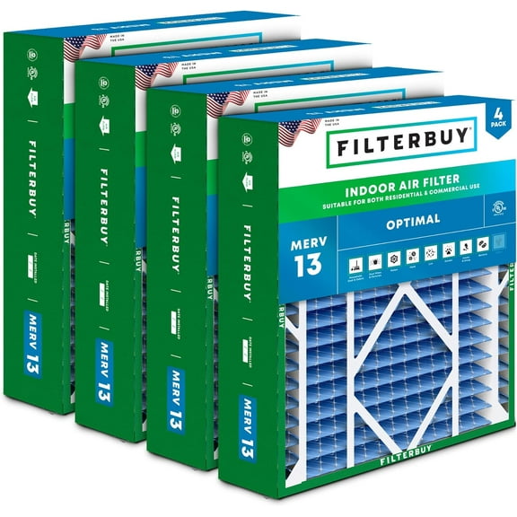 Filterbuy 24x25x5 Air Filter MERV 13 Smoke Defense, Pleated HVAC AC Furnace Filter Replacement for Carrier, Maytag & More, 4-Pack
