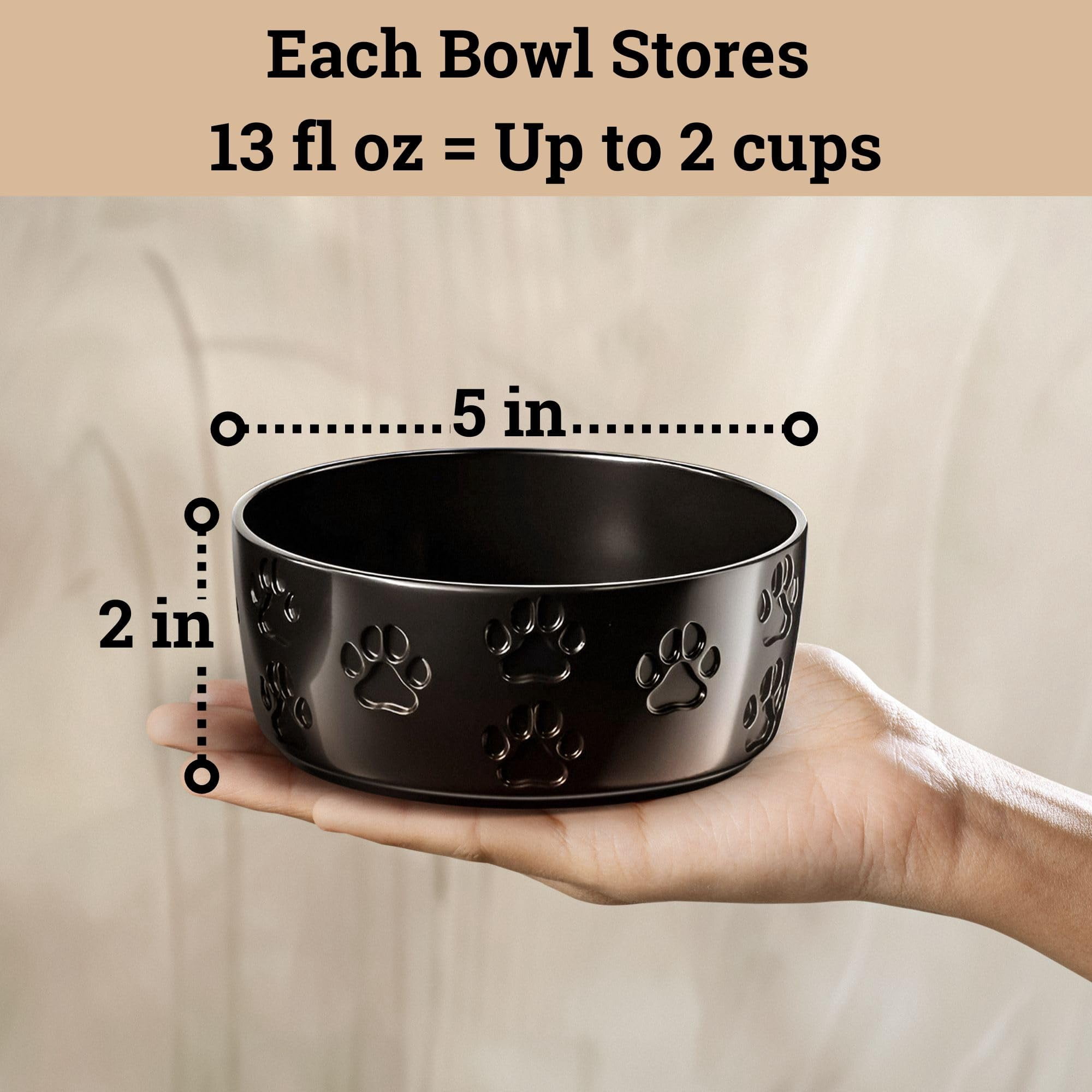 Ceramic Dog Bowl Set of 2 with Anti-Skid Base 5 Inch Wide 2 Cup Food and Water Bowls for Small Pets Non-Slip Rubber Bottom