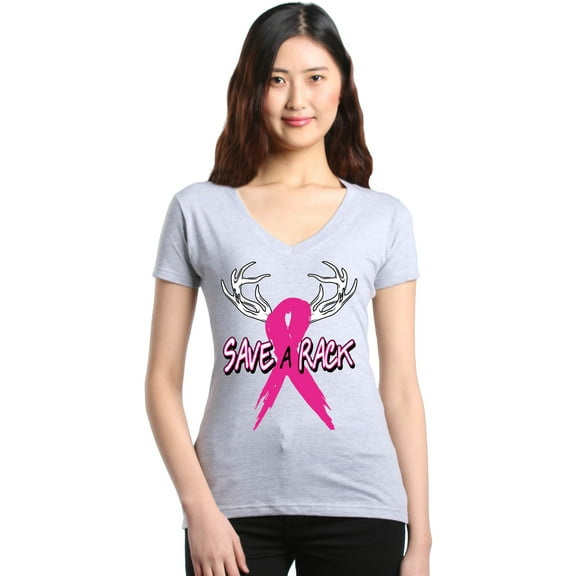 Shop4Ever Women's Save A Rack Breast Cancer Awareness Slim Fit V-Neck T-Shirt Small Sports Grey