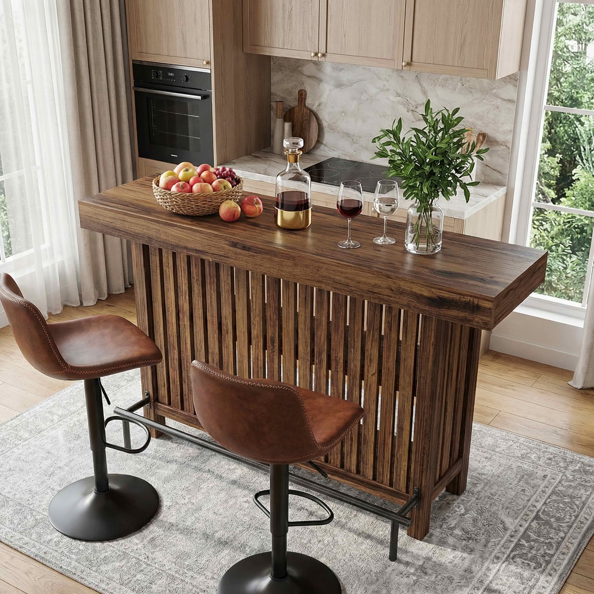 MAYEERTY 2-Tier Modern Home Bar Table, Brown & Matte Gray Cement Texture Storage Bar Unit with Guardrails & Adjustable Foot Pads
