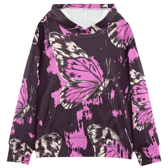 DIXRUYEE Pink Butterfly White Print Hoodie Casual Pullover Sweatshirt With Kangaroo Pocket