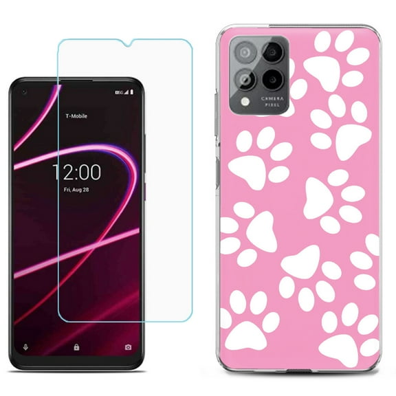 Slim-Fit Gel TPU Phone Case for T-Mobile Revvl 6 Pro 5G, with Tempered Glass Screen Protector, by OneToughShield ® - Pet Paw/ Pink