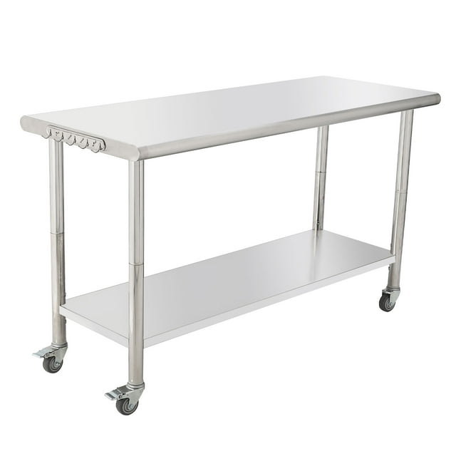 Table de Travail en Acier Inoxydable NSF - 60x24x35 Pouces - Tablette Inférieure Réglable, Robuste, avec Roulettes, Crochets, Bord Courbé, Sans Plaque Arrière, pour Restaurant, Garage et Brasseries