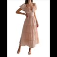 thumbnail image 2 of Vestido Midi Informal de Verano para Mujer, con Mangas , Escote en V, Fruncido y Volantes Escalonados. Rosa S, 2 of 8