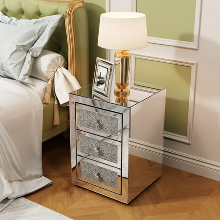 3-Drawer Mirrored Nightstand Bedside Table with Glass Top and Silver Finish for Bedroom Storage and Elegant Decor
