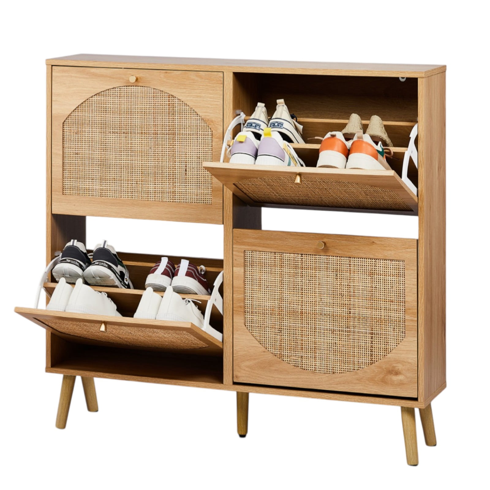 Hassch Natural Rattan Shoe Cabinet with 4 Flip Drawers, Freestanding Shoe Rack Storage Organizer for Entryway, Living Room, Small Space, 41.34"L x 9.45"W x 38.58"H