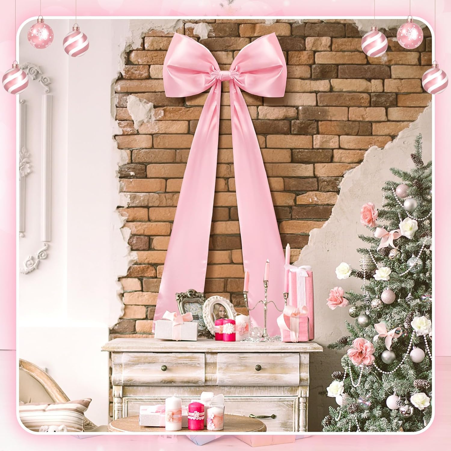 Guvpev 5FT Large Satin Christmas Bows - Giant Pink Xmas Bows for Christmas Tree Topper, Wreaths, Wal, Mantel, Front Door, Porch & Wedding Decorations, Indoor & Outdoor Holiday Christmas Decorations