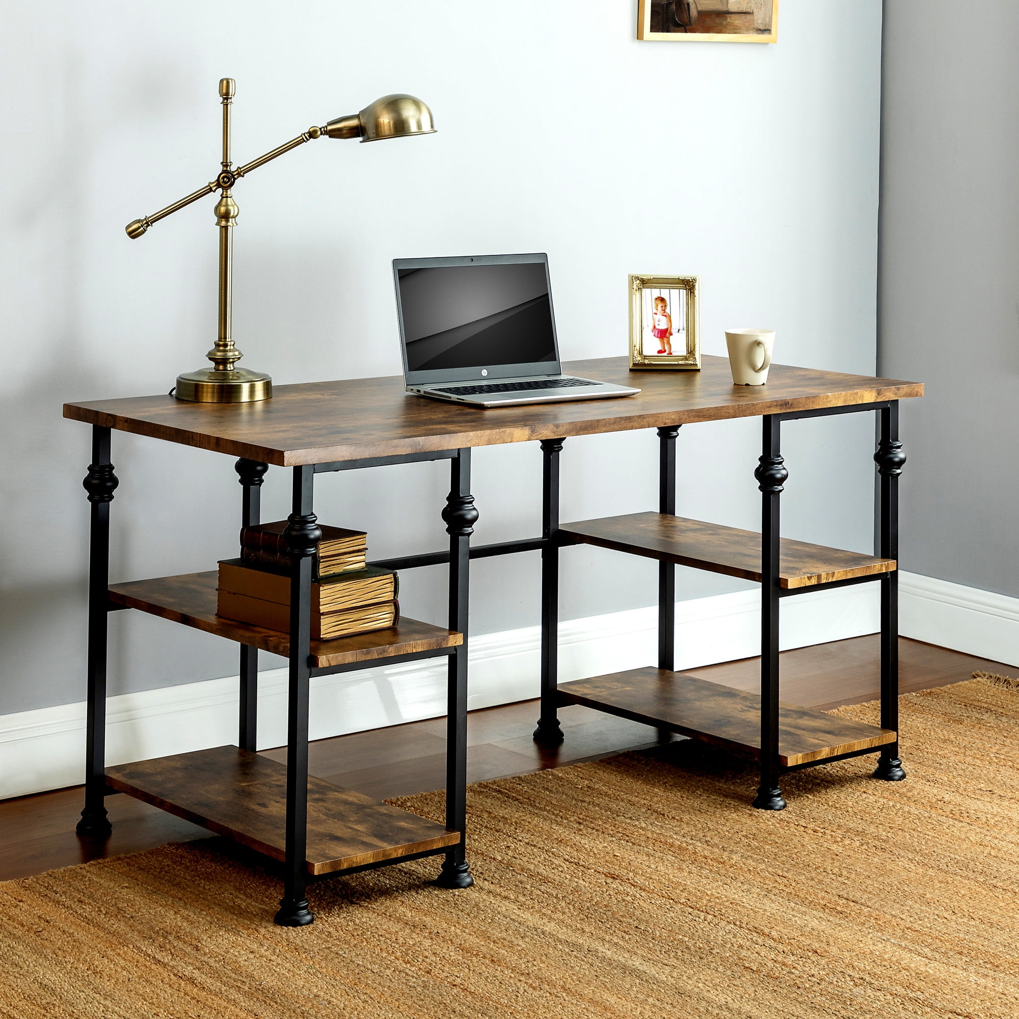 Office Desk with Storage Shelves, Computer Desk with Metal Legs and