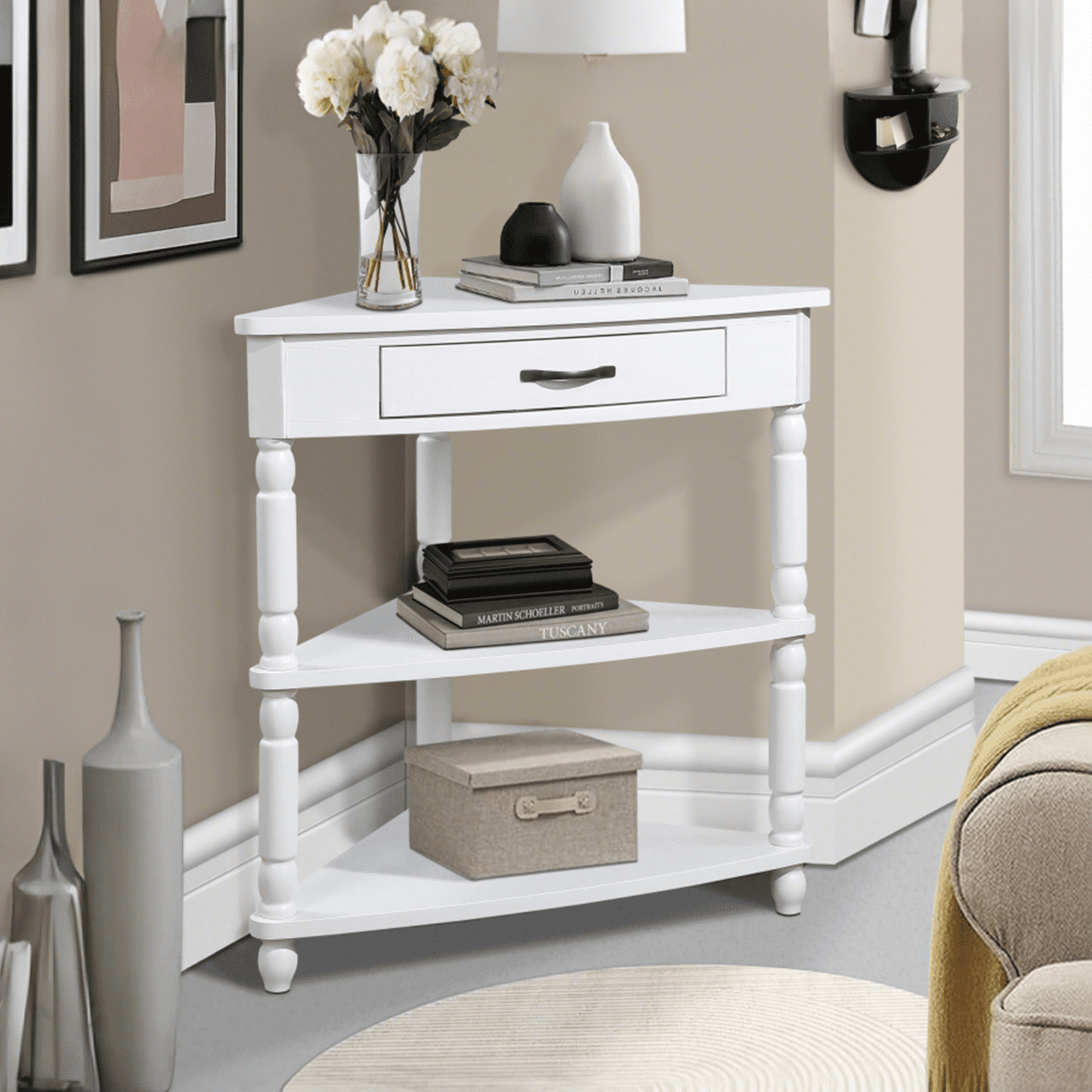 3-Tier Corner Shelf Unit for Small Spaces - Triangular Storage Rack with Solid Wood Legs, Multi-Functional Apartment & Living Room Furniture, Easy Assembly (Milk White)