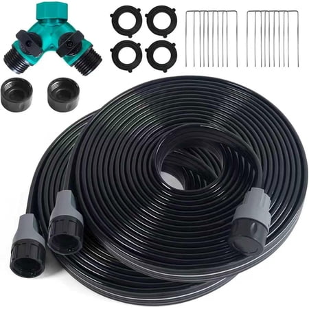 Sprinkler Hose with Holes, Flat Soaker Hoses 50 ft (25 ft 2pack) with Garden Staples and Splitters, PVC Drip Line Irrigation Watering Hoses for Lawn,Garden Beds (50 ft)
