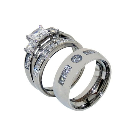 His Hers Couple 3 PCS 1 Ct Princess CZ Wedding Ring Set Mens 7 CZ Band- Size W5M7