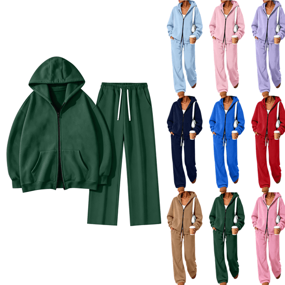 HAJWOH Women Oversized Sweatsuits 2 Piece Set Zip Up Causal Hooded Sweatshirts and Sweatpants Fall Winter Vacation Travel Matching Sets Plus Size Fashion Clothing