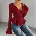 thumbnail image 3 of DAFPZW Womens Bell Sleeve Peplum Sweaters Fashion Fall V-Neck Button Down Elegant Ruffle Hem Sexy Slim Knit Tops Clothes, 3 of 6