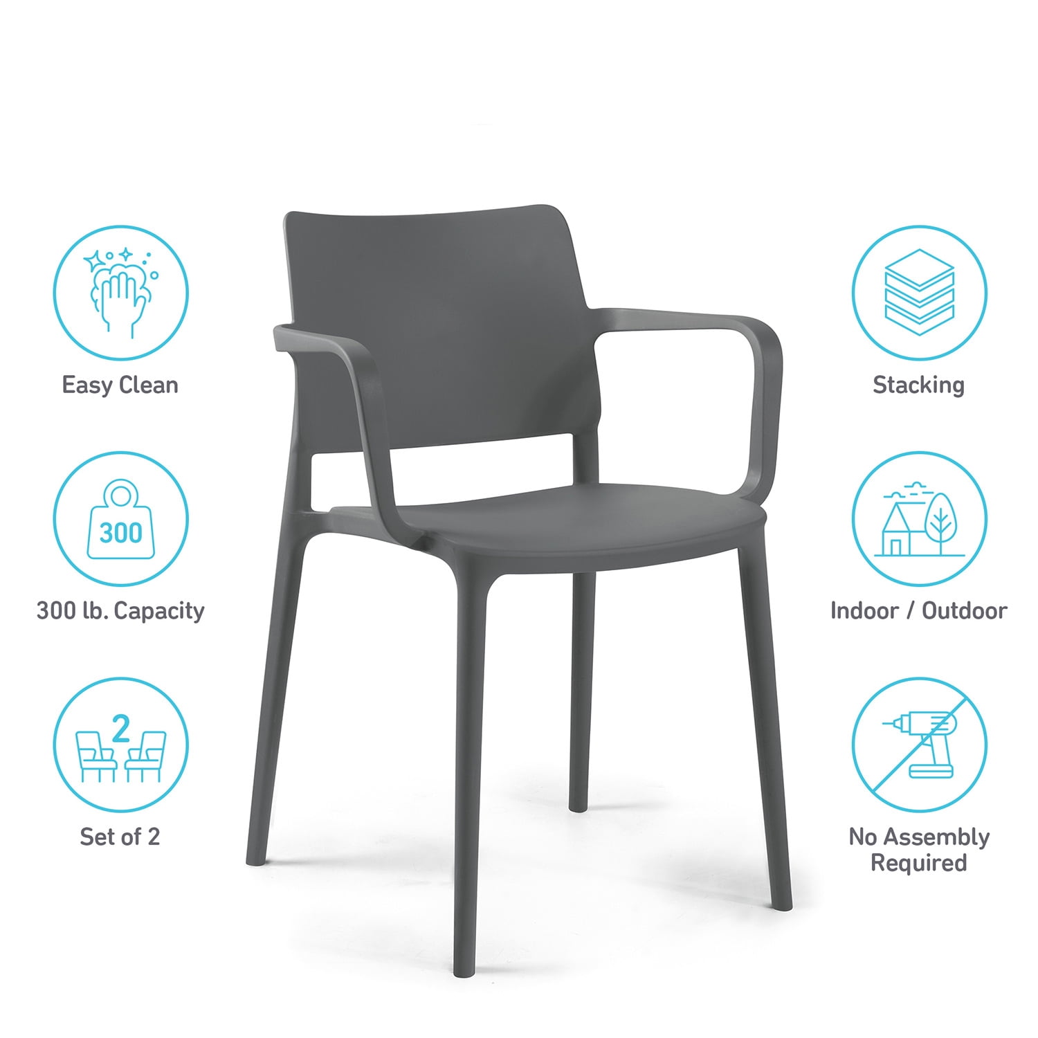 WRGHOME Garden Modern Outdoor/Indoor Plastic Resin Stacking Patio Dining Chairs (Set of 2) - ANTHRACITE