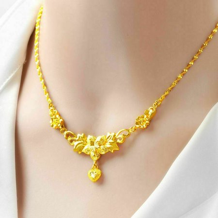 24k Yellow Gold Flower Necklace Women's Collarbone Chain 999 THAI BAHT Jewelry