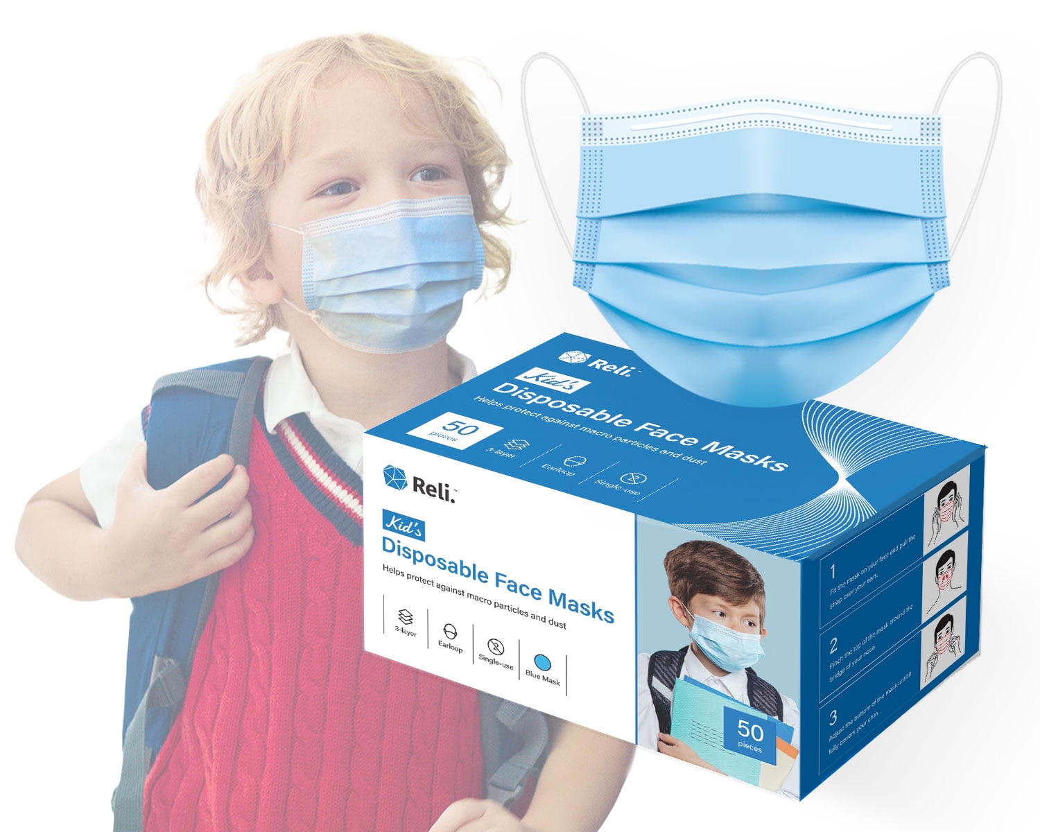 Reli. Kid's Size Face Masks (50 Masks) Face Mask Disposable Blue Ear loop, Breathable Mask 50
