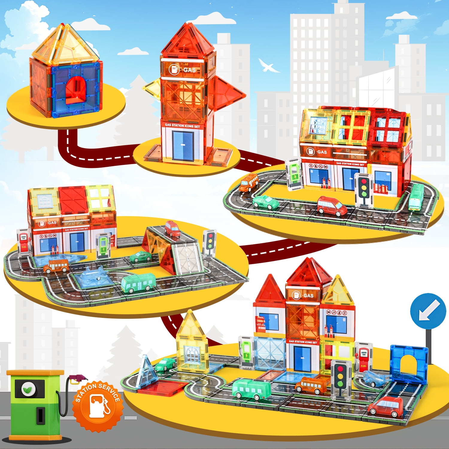 Freecat 63PCS Magnetic Tiles, Gas Stations Building Blocks Toys for Kids Ages 3-12 Years, STEM Educational Toys Christmas Birthday Gift for Kids Boys Girls.