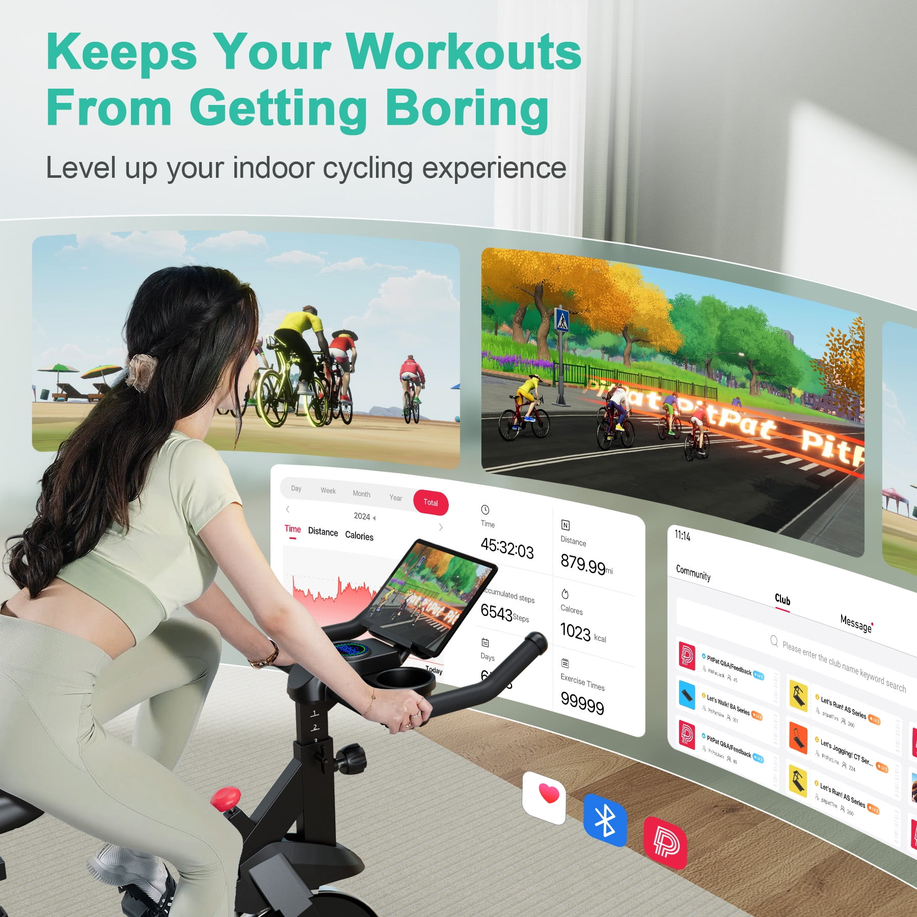 SSPHPPLIE Exercise Bike Indoor  with PitPat App Cycling Bike Cycle Bicycle Adjustable Magnetic Resistance for Home Office Cardio Workout Machine Max Weight 300 lbs