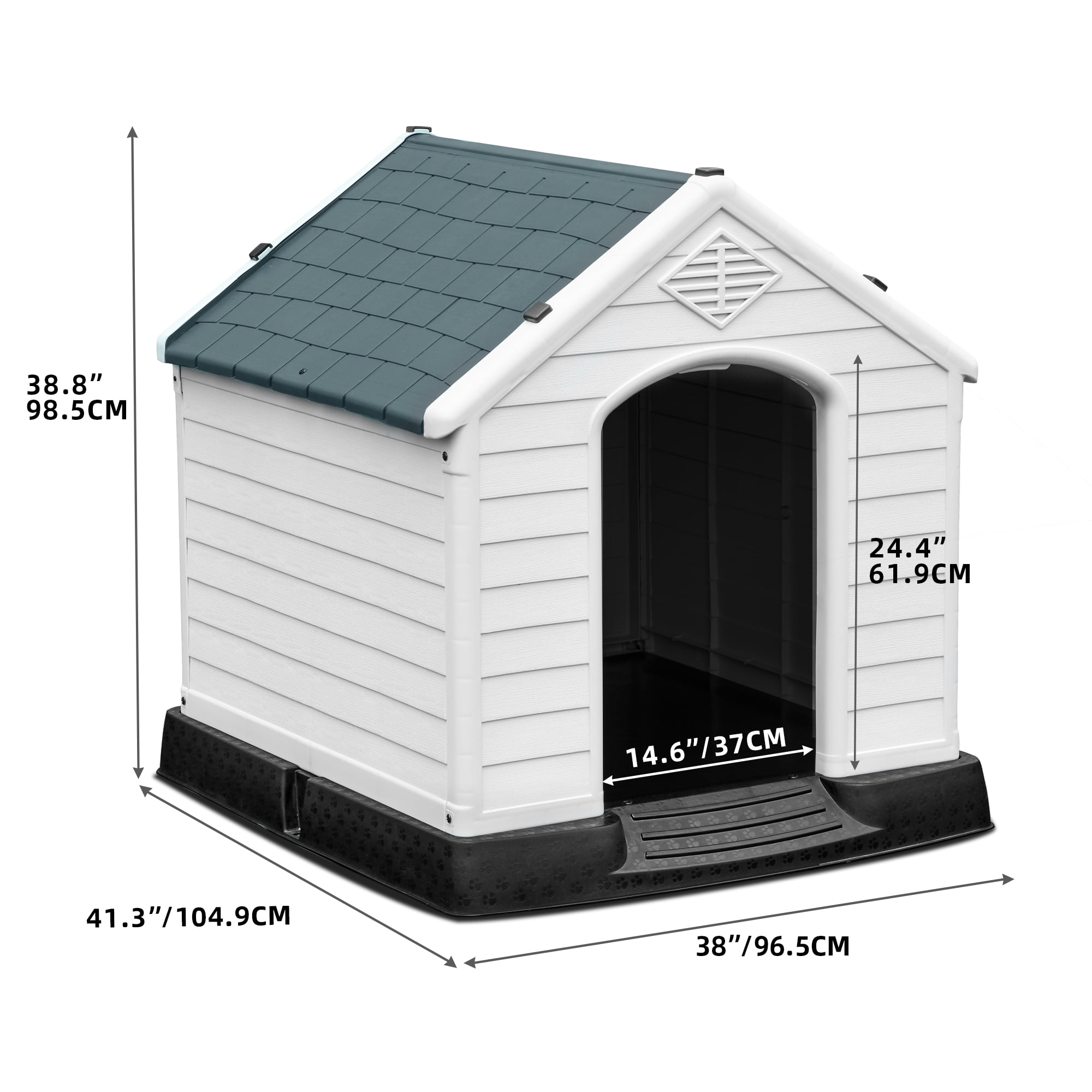Dextrus 41" Large Waterproof Plastic Dog House with Elevated Floor & Air Vents, Outdoor Shelter, Gray