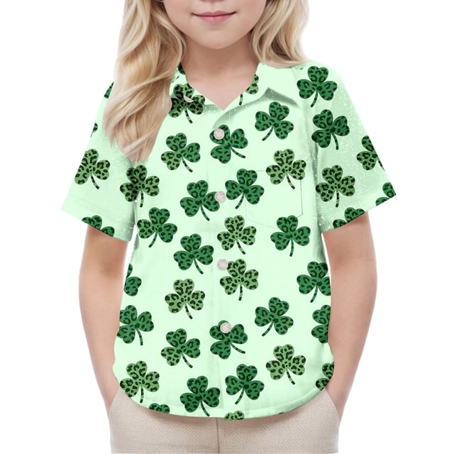 Blusa y camisa de manga corta con cuello vuelto, moderna e informal, con estampado del Día de San Patricio, con bolsillo, para uniforme escolar, para niños y niñas de 2 a 15 años.