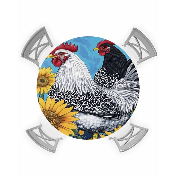nqOlkjepod Sunflower Rooster Round Tablecloth, Fitted Table Cover with Elastic for 45"-54" Round Tables, Yellow Summer Flower Vintage Table Cloth Outdoor Indoor Dinning Party Waterproof Tablecloths