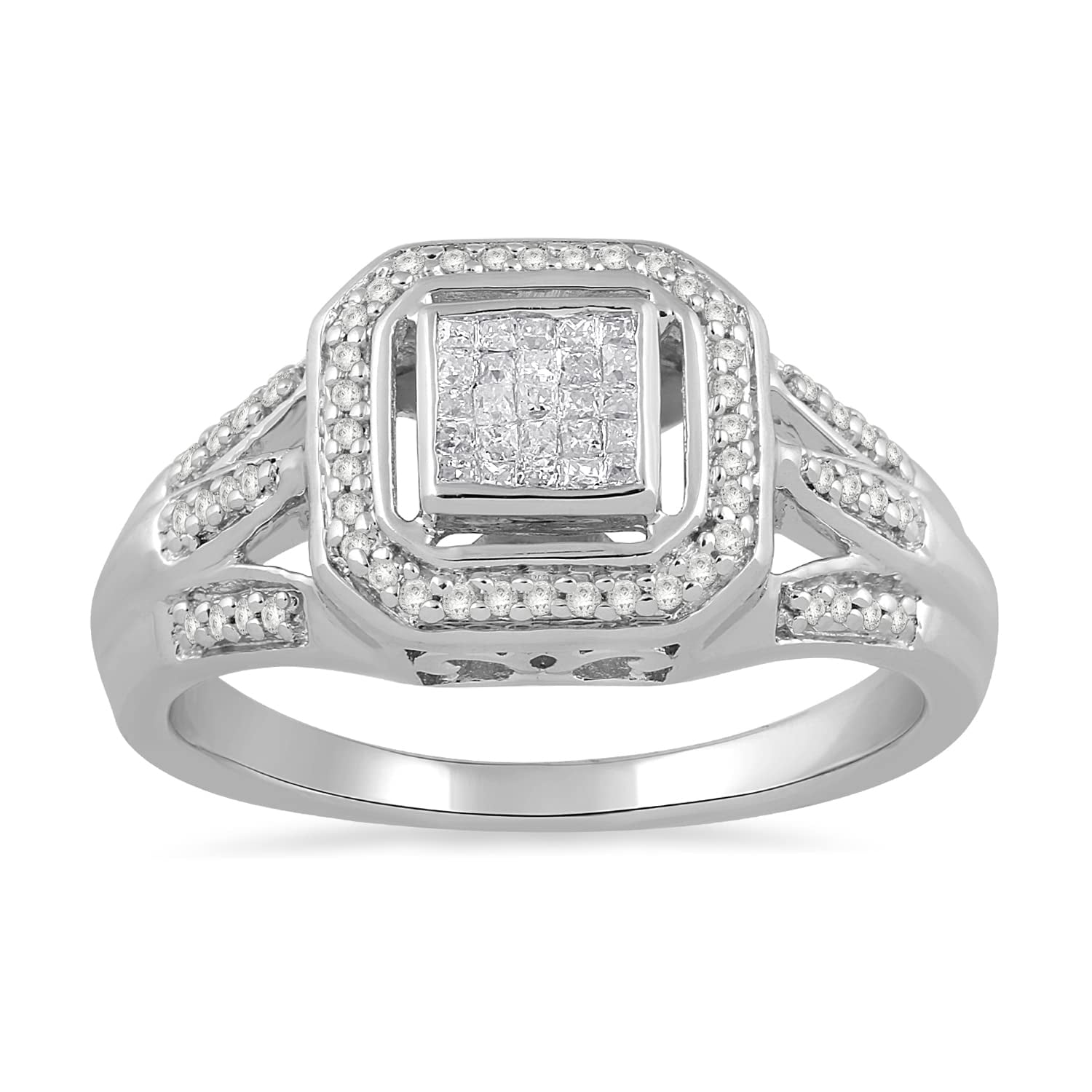 Jewelili Sterling Silver with 1/4 Cttw Natural White Round and Princess Shape Diamond Ring, Size 7