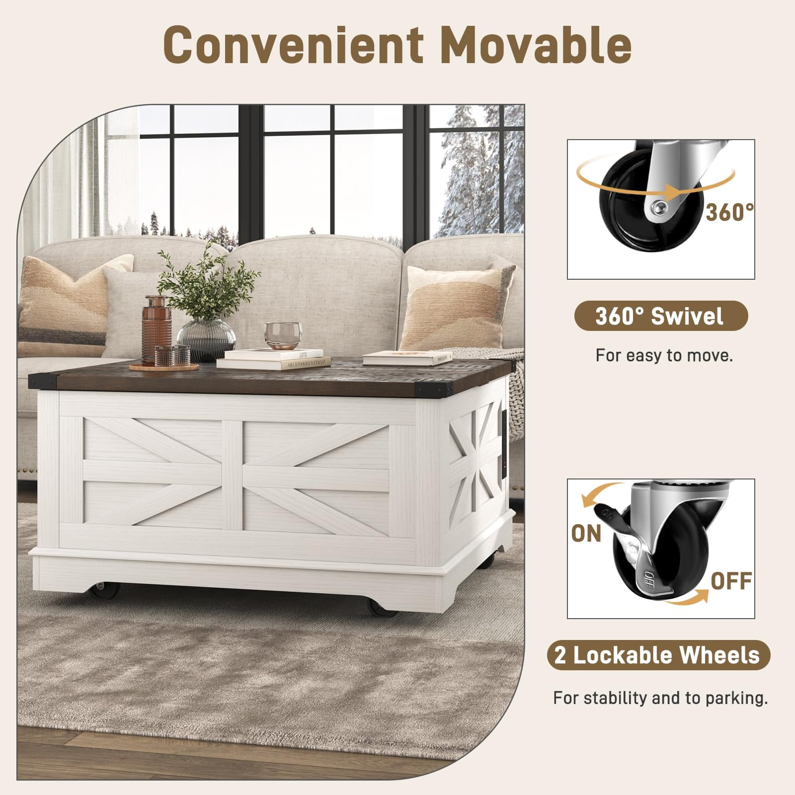 ANPOO 36” Square Lift Top Coffee Table with Power Outlets & Movable Wheels, Farmhouse Coffee Table w/Large Hidden Storage, Multi-Function Lift Wood Center Table for Home, Office,Rustic White