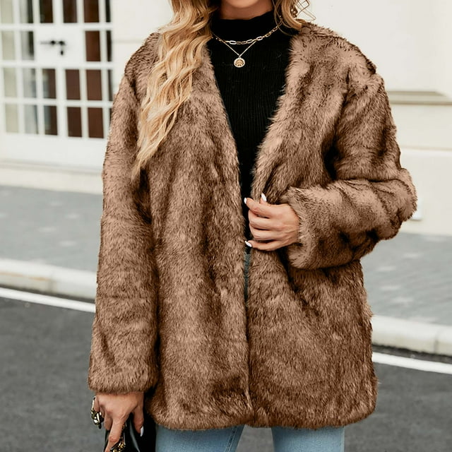 LSLJS Manteau Long Chaud en Fausse Fourrure pour Femmes, Veste d'Hiver à Col en V