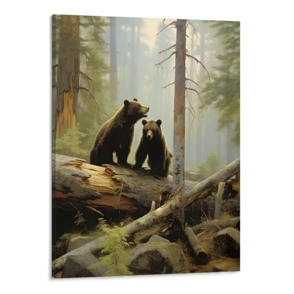 PRATYUS Canvas Wall Art Picture 16x20in for Living Room Bedroom Fall Decor A Bear Playing in the Forest Wall Art 16x20in