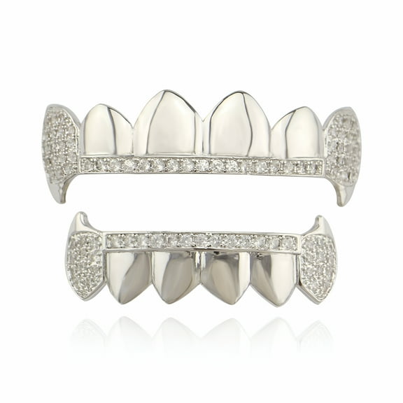 DESIGNICE 14K Gold Plated Iced Out CZ Top and Bottom Vampire Fangs Grillz for Your Teeth
