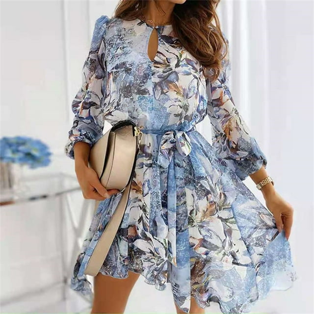 U.Vomade Nouvelle Robe Élégante à Fleurs à Col Rond pour Femme en Mousseline de Soie Fête Ajustée Taille Haute Ligne A Plissée Robe Chic Fête