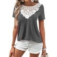 thumbnail image 3 of HUBERY Women Cutout Lace Spliced Crewneck Short Sleeve Contrast Color Top, 3 of 7
